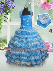 On Sale Baby Blue Kids Formal Wear Party and Wedding Party and For with Beading and Appliques and Ruffled Layers Straps Sleeveless Lace Up