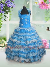 On Sale Baby Blue Kids Formal Wear Party and Wedding Party and For with Beading and Appliques and Ruffled Layers Straps Sleeveless Lace Up