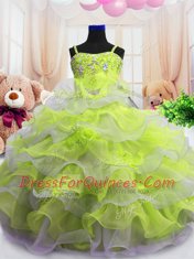 Light Yellow Spaghetti Straps Neckline Beading and Ruffled Layers Little Girls Pageant Dress Sleeveless Zipper
