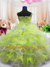 Light Yellow Spaghetti Straps Neckline Beading and Ruffled Layers Little Girls Pageant Dress Sleeveless Zipper