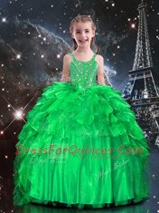 Beautiful Apple Green Spaghetti Straps Lace Up Beading and Ruffles Little Girl Pageant Gowns Sleeveless