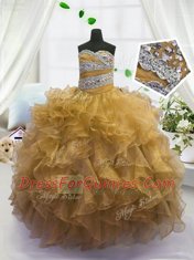Popular Gold Sleeveless Organza Lace Up Little Girls Pageant Dress for Party and Wedding Party