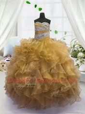 Popular Gold Sleeveless Organza Lace Up Little Girls Pageant Dress for Party and Wedding Party