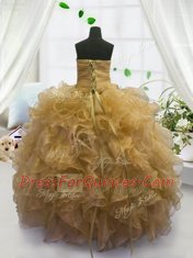 Popular Gold Sleeveless Organza Lace Up Little Girls Pageant Dress for Party and Wedding Party
