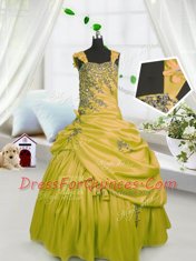 Glorious Gold Ball Gowns Straps Sleeveless Satin Floor Length Lace Up Beading and Pick Ups Flower Girl Dresses
