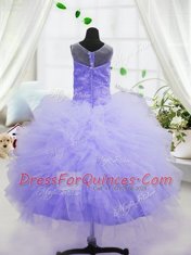 Elegant Purple Ball Gowns Organza Scoop Sleeveless Beading and Ruffles Floor Length Zipper Little Girl Pageant Gowns