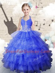 Organza Halter Top Sleeveless Lace Up Beading and Ruffled Layers Little Girls Pageant Dress Wholesale in Royal Blue
