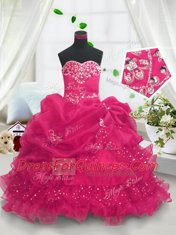 Pick Ups Ruffled Floor Length Ball Gowns Sleeveless Hot Pink Girls Pageant Dresses Lace Up