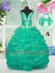 Fancy Turquoise Ball Gowns V-neck Sleeveless Taffeta Floor Length Lace Up Beading and Pick Ups Little Girls Pageant Dress Wholesale