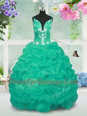 Fancy Turquoise Ball Gowns V-neck Sleeveless Taffeta Floor Length Lace Up Beading and Pick Ups Little Girls Pageant Dress Wholesale