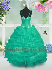 Fancy Turquoise Ball Gowns V-neck Sleeveless Taffeta Floor Length Lace Up Beading and Pick Ups Little Girls Pageant Dress Wholesale