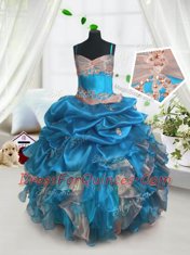 New Style Pick Ups Floor Length Ball Gowns Sleeveless Baby Blue Kids Pageant Dress Lace Up