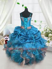 New Style Pick Ups Floor Length Ball Gowns Sleeveless Baby Blue Kids Pageant Dress Lace Up