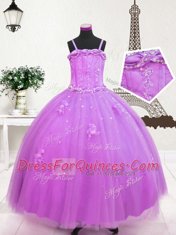 Elegant Lilac Tulle Zipper Little Girls Pageant Gowns Sleeveless Floor Length Beading and Appliques