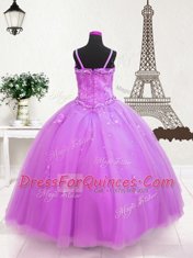 Elegant Lilac Tulle Zipper Little Girls Pageant Gowns Sleeveless Floor Length Beading and Appliques