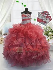 Elegant Coral Red Sweetheart Lace Up Beading and Ruffles Flower Girl Dress Sleeveless