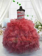 Elegant Coral Red Sweetheart Lace Up Beading and Ruffles Flower Girl Dress Sleeveless