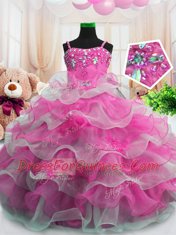 Glamorous Hot Pink Sleeveless Floor Length Beading and Ruffled Layers Zipper Flower Girl Dresses for Less