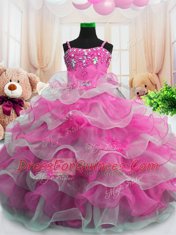 Glamorous Hot Pink Sleeveless Floor Length Beading and Ruffled Layers Zipper Flower Girl Dresses for Less