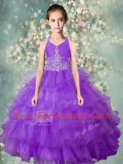 Glamorous Halter Top Sleeveless Toddler Flower Girl Dress Floor Length Beading and Ruffled Layers Lavender Organza