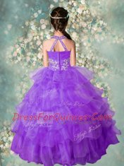 Glamorous Halter Top Sleeveless Toddler Flower Girl Dress Floor Length Beading and Ruffled Layers Lavender Organza