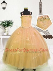 Light Yellow and Gold Spaghetti Straps Neckline Beading and Appliques Flower Girl Dress Sleeveless Zipper