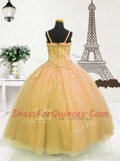 Light Yellow and Gold Spaghetti Straps Neckline Beading and Appliques Flower Girl Dress Sleeveless Zipper