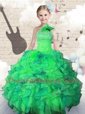 Custom Fit One Shoulder Green Ball Gowns Beading and Ruffles Girls Pageant Dresses Lace Up Organza Sleeveless Floor Length