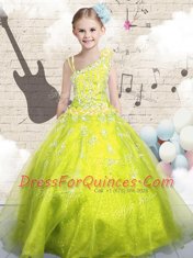 Yellow Green Sleeveless Floor Length Beading and Appliques and Hand Made Flower Lace Up Flower Girl Dresses