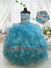 Blue Sleeveless Floor Length Beading and Ruffles Lace Up Toddler Flower Girl Dress