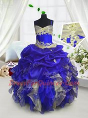 Organza Spaghetti Straps Sleeveless Lace Up Beading and Ruffles and Pick Ups Flower Girl Dress in Royal Blue