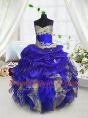 Organza Spaghetti Straps Sleeveless Lace Up Beading and Ruffles and Pick Ups Flower Girl Dress in Royal Blue