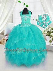 Ball Gowns Pageant Gowns For Girls Aqua Blue Halter Top Organza Sleeveless Floor Length Lace Up