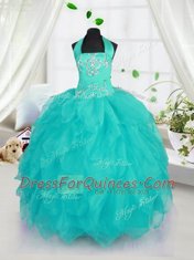 Ball Gowns Pageant Gowns For Girls Aqua Blue Halter Top Organza Sleeveless Floor Length Lace Up