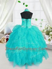 Ball Gowns Pageant Gowns For Girls Aqua Blue Halter Top Organza Sleeveless Floor Length Lace Up