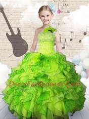 One Shoulder Sleeveless Floor Length Beading and Ruffles Lace Up Little Girls Pageant Dress Wholesale with