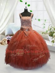 Straps Sleeveless Tulle Flower Girl Dresses Beading and Ruffles Lace Up