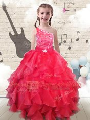 Custom Designed One Shoulder Red Lace Up Little Girl Pageant Dress Beading and Ruffles Sleeveless Floor Length