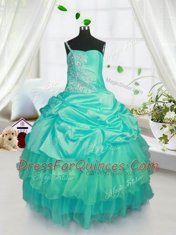 Beading and Ruffled Layers and Pick Ups Little Girls Pageant Dress Turquoise Lace Up Sleeveless Floor Length