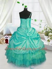 Beading and Ruffled Layers and Pick Ups Little Girls Pageant Dress Turquoise Lace Up Sleeveless Floor Length