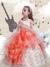 Fantastic Organza Scoop Sleeveless Lace Up Beading and Ruffles Child Pageant Dress in Watermelon Red