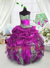 Nice Fuchsia Lace Up Spaghetti Straps Beading and Ruffles and Pick Ups Child Pageant Dress Organza Sleeveless