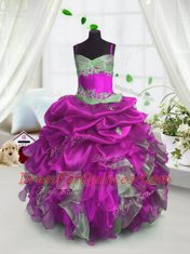 Nice Fuchsia Lace Up Spaghetti Straps Beading and Ruffles and Pick Ups Child Pageant Dress Organza Sleeveless