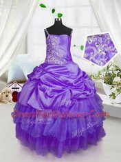 Purple Ball Gowns Beading and Ruffled Layers and Pick Ups Little Girl Pageant Dress Lace Up Organza Sleeveless Floor Length
