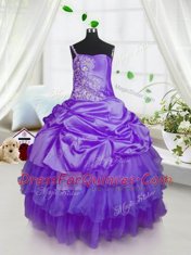 Purple Ball Gowns Beading and Ruffled Layers and Pick Ups Little Girl Pageant Dress Lace Up Organza Sleeveless Floor Length