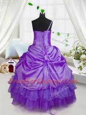 Purple Ball Gowns Beading and Ruffled Layers and Pick Ups Little Girl Pageant Dress Lace Up Organza Sleeveless Floor Length