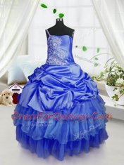 Artistic Royal Blue Ball Gowns Organza Strapless Sleeveless Beading and Ruffled Layers and Pick Ups Floor Length Lace Up Flower Girl Dresses