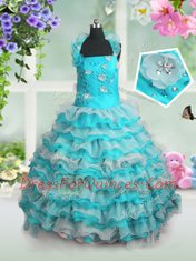 Discount Ruffled Blue And White Sleeveless Organza Lace Up Flower Girl Dress for Party and Wedding Party