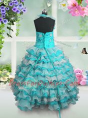 Discount Ruffled Blue And White Sleeveless Organza Lace Up Flower Girl Dress for Party and Wedding Party