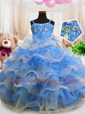 Blue Sleeveless Beading and Ruffled Layers Floor Length Kids Formal Wear